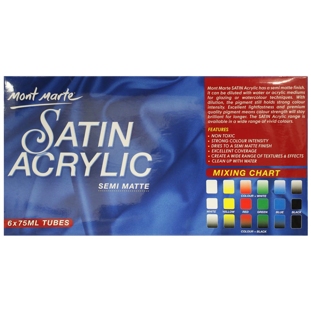 Mont Marte Satin Acrylic Semi Matte 6pc*75ml PMSS0001.