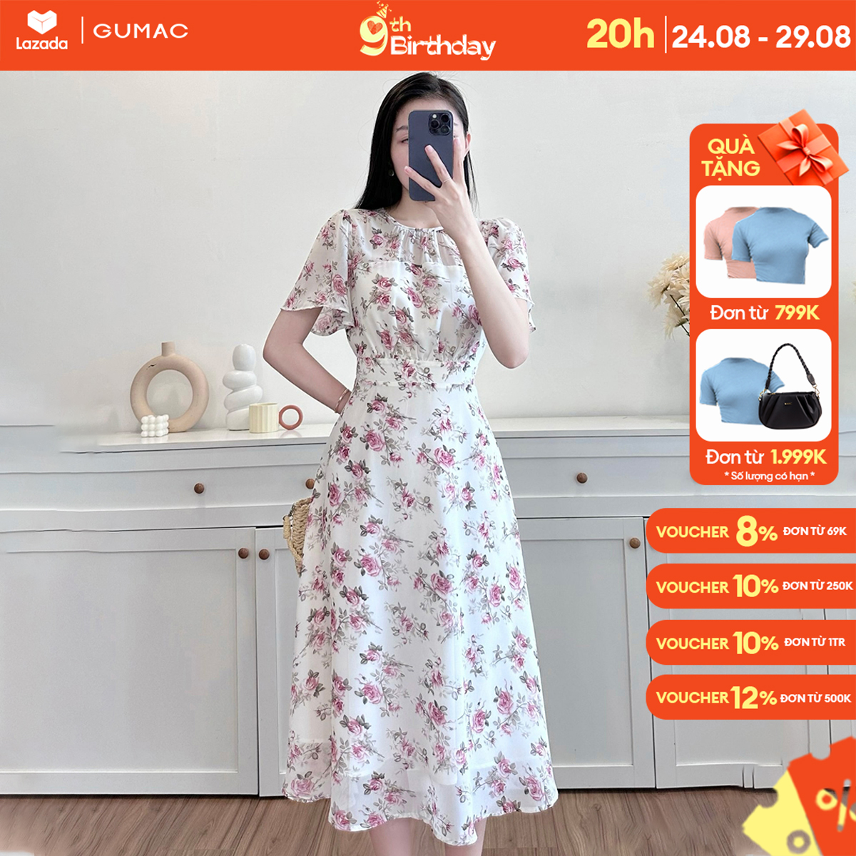 Đầm dáng a công sở gumac ldd1217 nhún eo phối nút trang trí