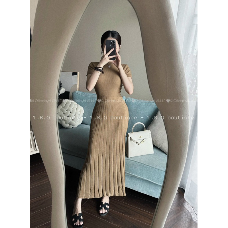 AA18-Đầm len xếp ly mỏng dáng dài tay cộc có cổ (ảnh thật)