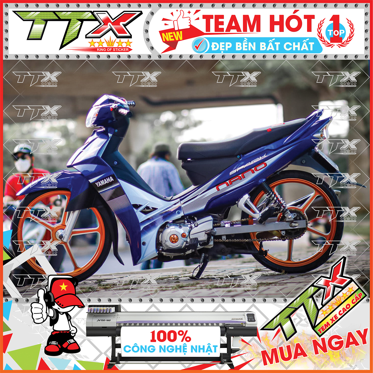 Tem xe sirius nano trắng xanh , Tem dán xe sirius nano xanh trắng siêu đẹp , Shop Team sirius xanh trắng