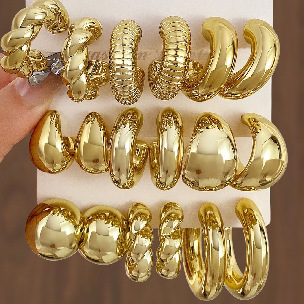 New 2024 3Pcs/Set Elegant Women Gold Metal Geometric Water Drop Twist Earrings Accessories Jewelry.