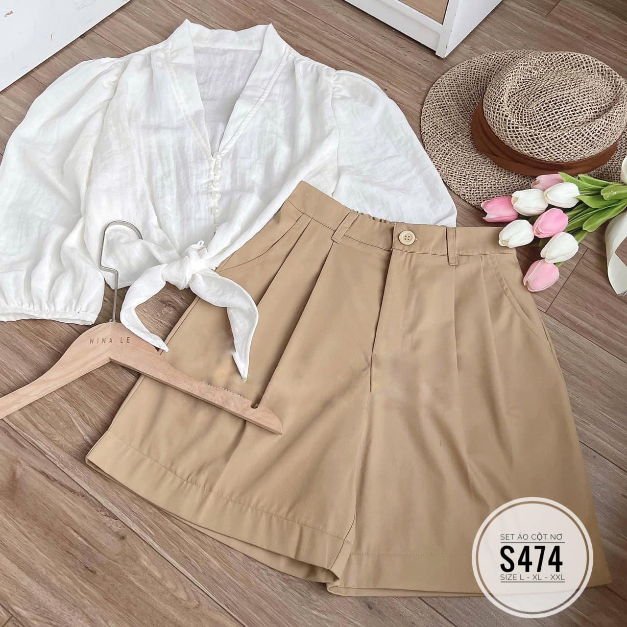 SET BIGSIZE ÁO CỘT NƠ ĐI BIỂN PHỐI QUẦN NGẮN (L-2XL)