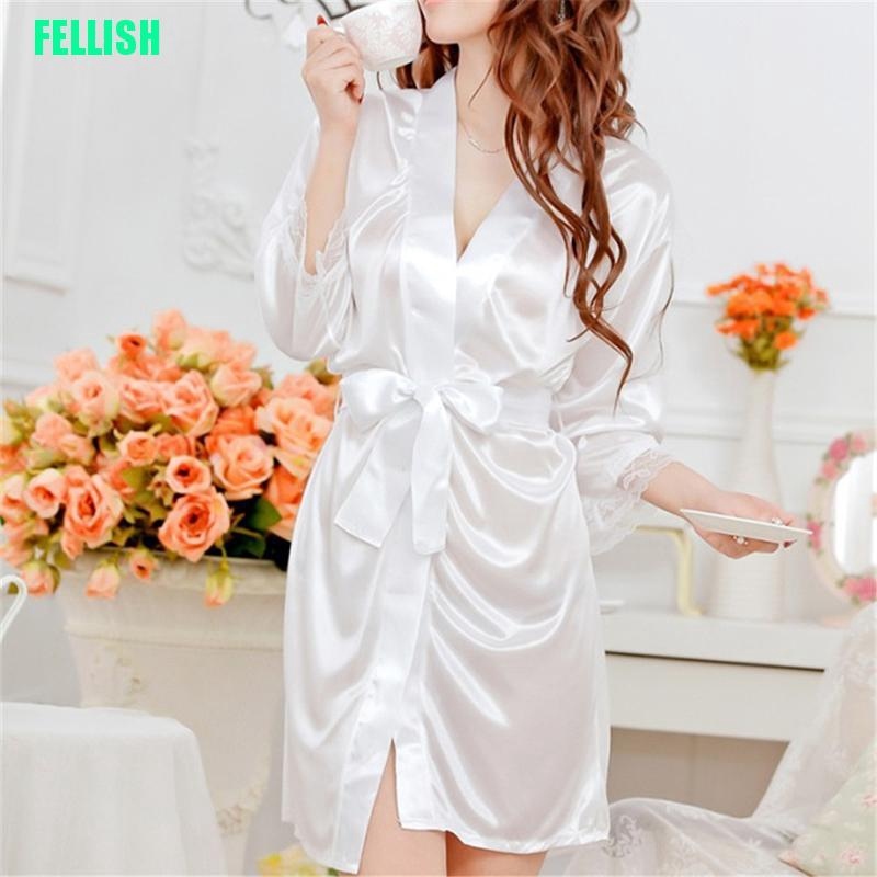 Cod tjjs079 áo choàng ngủ vải lụa phối ren gợi cảm cho nữ