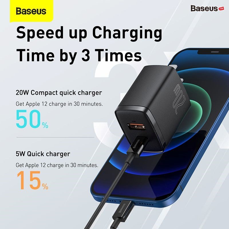 Củ sạc nhanh 20w Baseus Compact Quick Charger 2 cổng USB + USB C, 20W PD/QC 3.0 Multi Quick Charge Support, củ sạc 20w sạc nhanh cho iphone, ipad