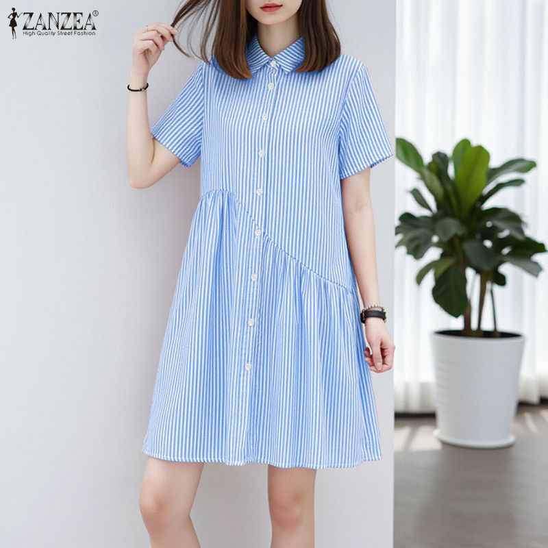 ZANZEA%20Korean%20Style%20Women%20Summer%20Lapel%20Solid%20Color%20Dresses%20Pleated%20Stripe%20Short%20Sleeve%20Knee%20Length%20Dress%20#0126%20-%20Image%202
