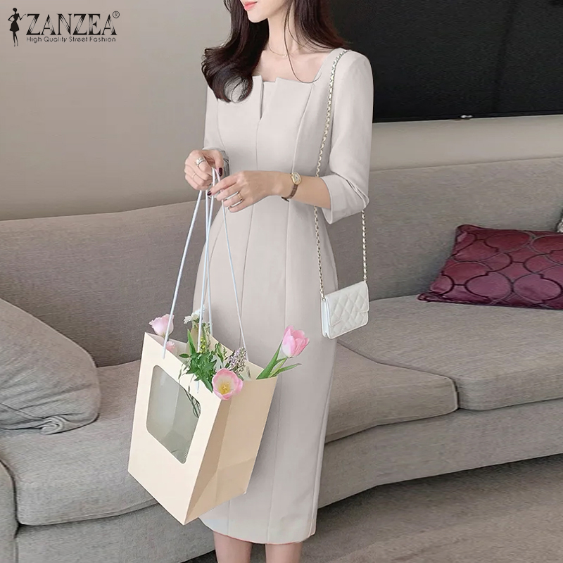 ZANZEA%20Korean%20Style%20Women's%20Dresses%20Elegant%20V-Neck%203/4%20Sleeve%20Plain%20Party%20Prom%20Midi%20Sundress%20-%20Image%204