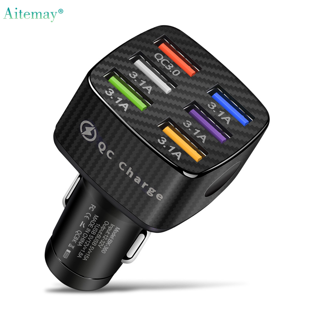 Aitemay USB 6 Ports QC 3.0 Car Charger Mini Mobile Phone Quick Charge Adapter for Smartphone