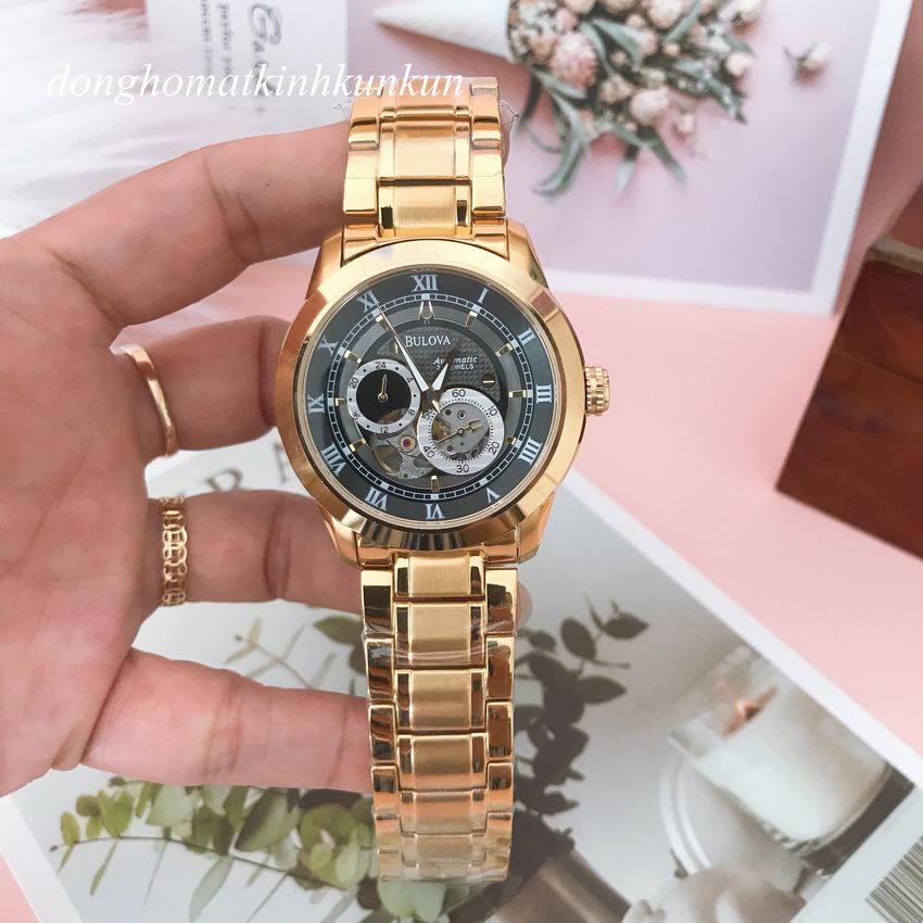 [HCM]Đồng Hồ Nam  Bulova Vàng Mặt Đen Automatic Lộ Cơ 41mm - Điểm Số La Mã Các Mốc Giờ