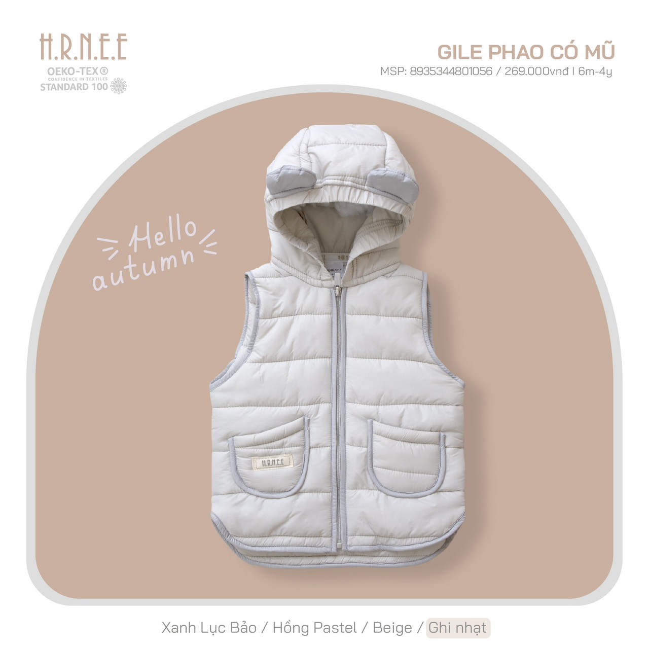 HRNEE - Áo gile phao có mũ cho bé