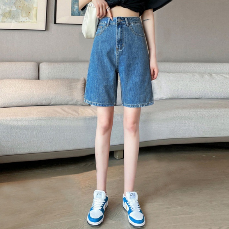 DUOHANZI Denim high-waisted 5-point slimming 5-point versatile loose straight a-line wide-leg pants