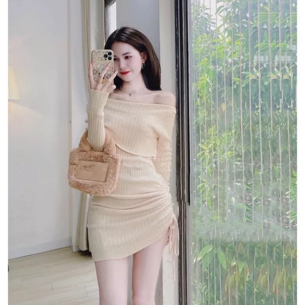 Váy len ôm body trễ vai rút hông