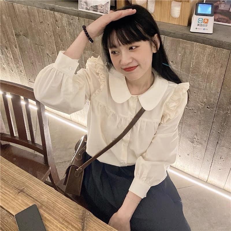 Áo sơ mi kiểu cổ tròn phối bèo vai dễ thương