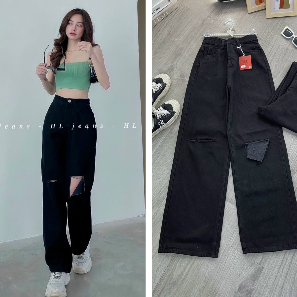 Quần jean nữ Suông nữ ống rộng màu Đen rách kiểu cá tính - Quần bò nữ lưng cao - Xưởng May Tú Linh