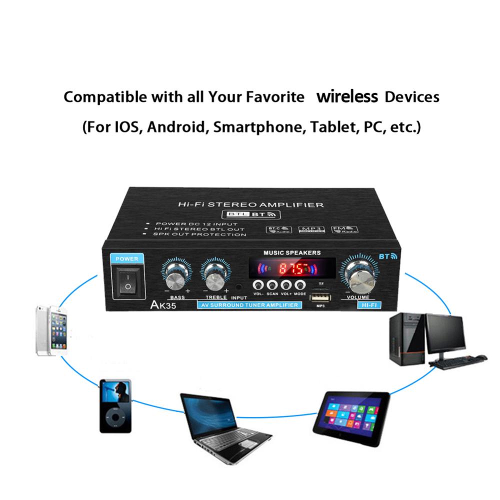 AK35 Bluetooth HiFi Stereo Audio Power Amplifier with USB TF RCA AUX In + Remote