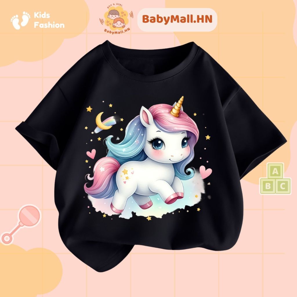 Áo thun hình Unicorn bé gái BABYMALL áo phông cho bé cộc tay chất cotton thoáng mát in 3D xuất khẩu