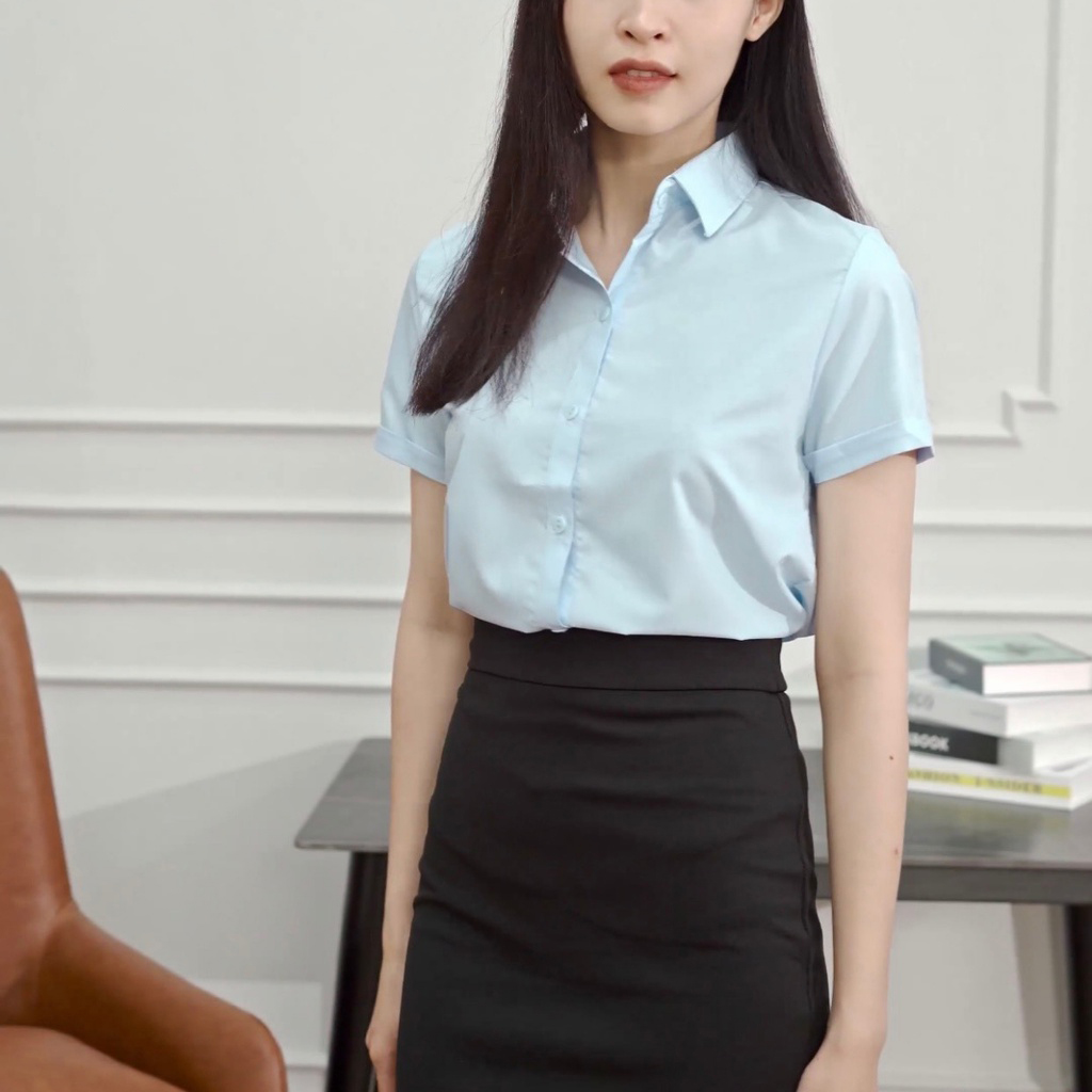 Áo sơ mi nữ ngắn tay trơn vải cotton lụa mềm mịn