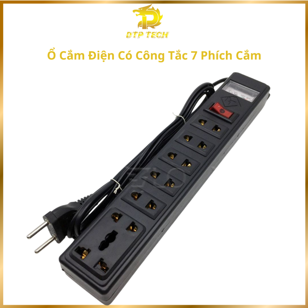 Ổ cắm điện có công tắc 7 phích cắm màu đen