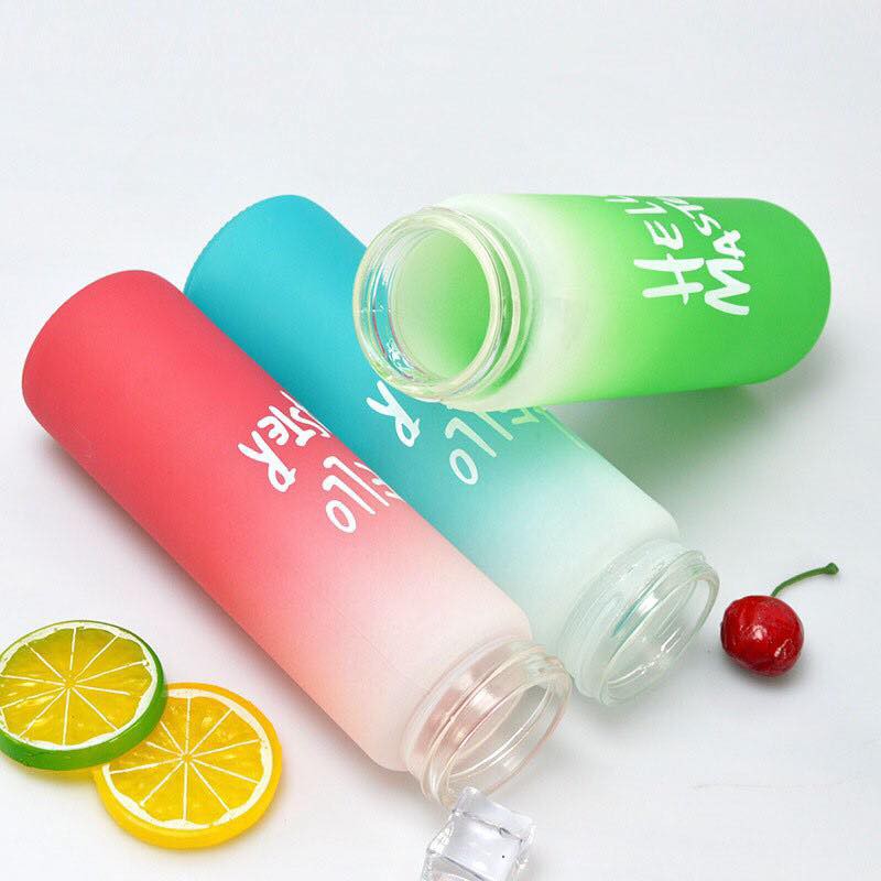 Bình Nước Thủy Tinh In Chữ Hello Master 480ML có dây xách