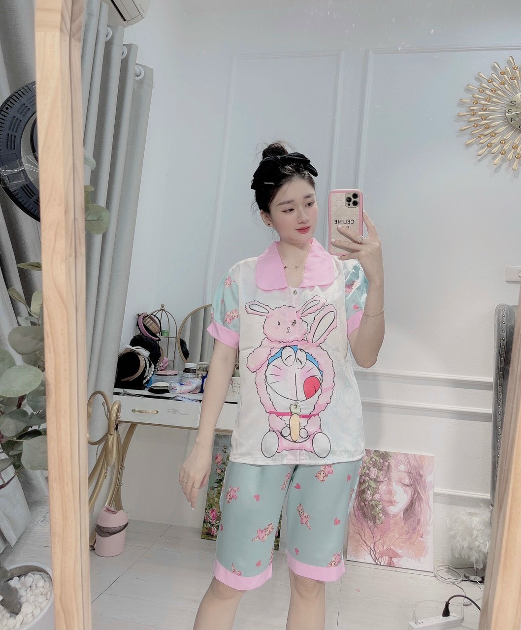 Bộ LỤA SATIN QUẦN LỬNG hoạ tiết cute FREESIZE dưới 65kg (ẢNH THẬT)