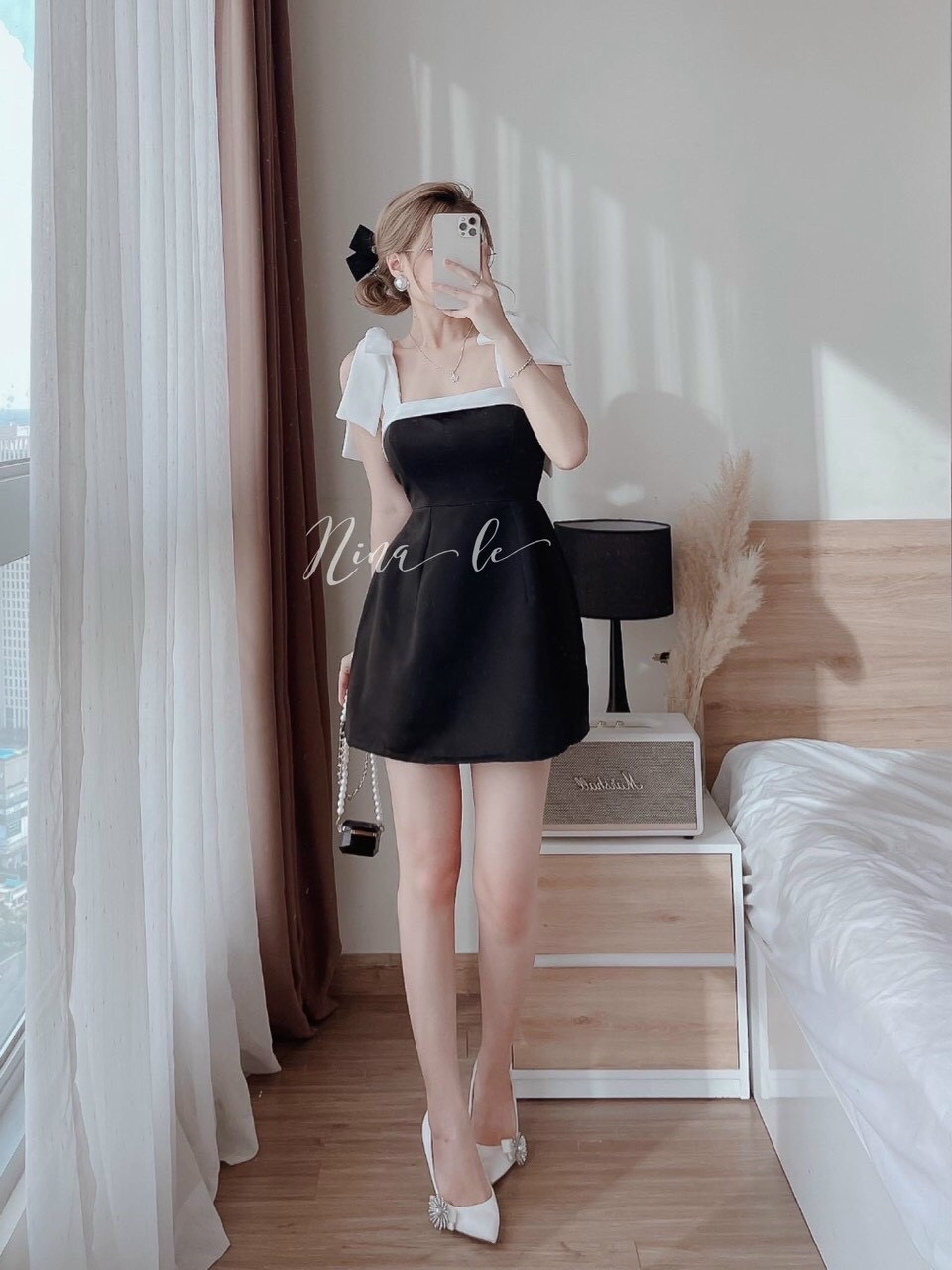 Đầm đi tiệc cột dây vai, đầm tiểu thư dáng suông, váy hai dây cột nơ vai sang chảnh