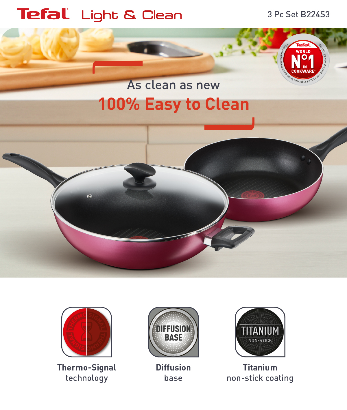 Tefal Cook Healthy 3-Piece Set Wok and Deep Fry Pan