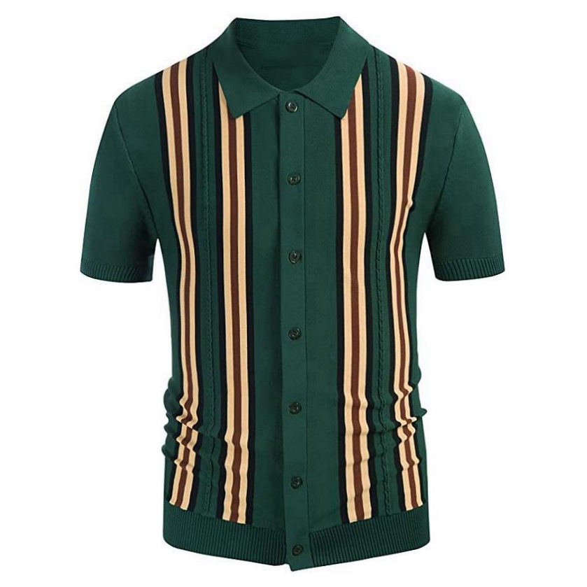 TIDE BEAR Men's green striped polo shirt summer slim business short-sleeved sweater trendy shirt