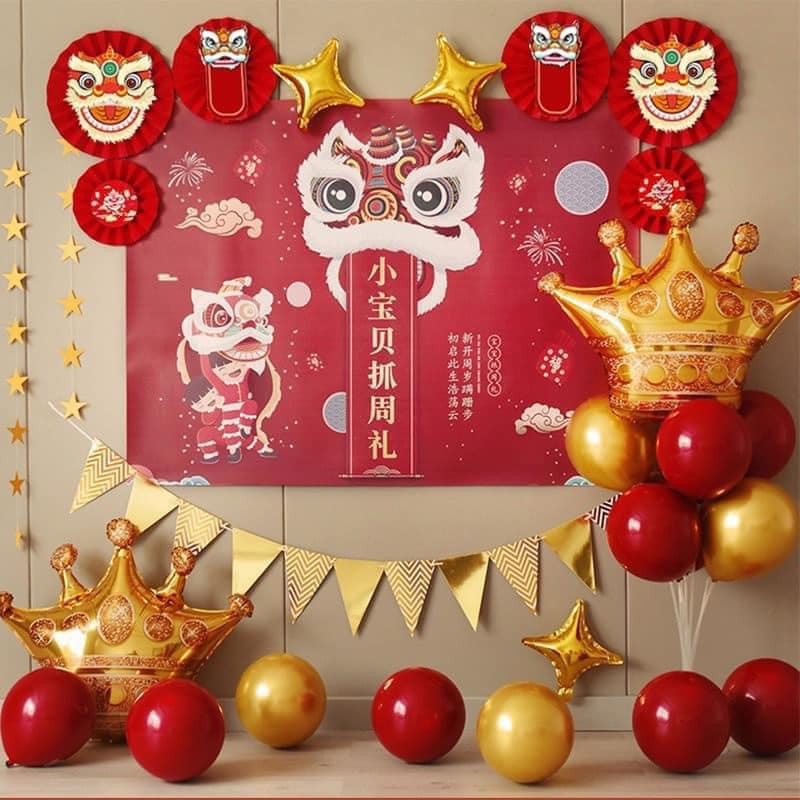 Set 6 quạt giấy đỏ đầu lân treo tết