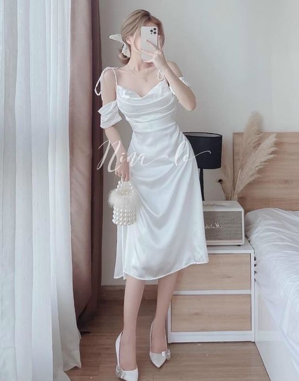 Đầm dự tiệc chất phi lụa có mod ngực kiểu dáng nàng thơ đẹp dịu dàng.