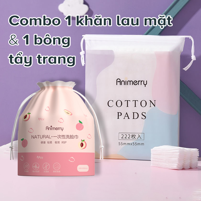 Combo bông tẩy trang COTTON PAD và khăn lau mặt dùng một lần ANIMERRY - 100% cotton không xơ bông, thấm hút cực tốt - Bộ đôi chăm sóc da mặt hiệu quả