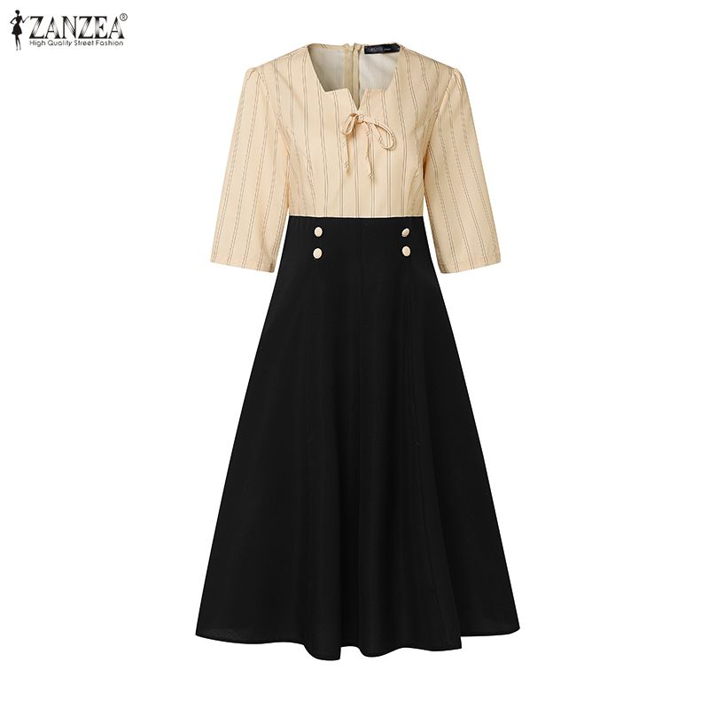ZANZEA%20Korean%20Style%20Women%20Trendy%20Square%20Neck%20Midi%20Dresses%20Short%20Sleeve%20Bowknot%20Stripe%20Patchwork%20Dress%20#1229%20-%20Image%205