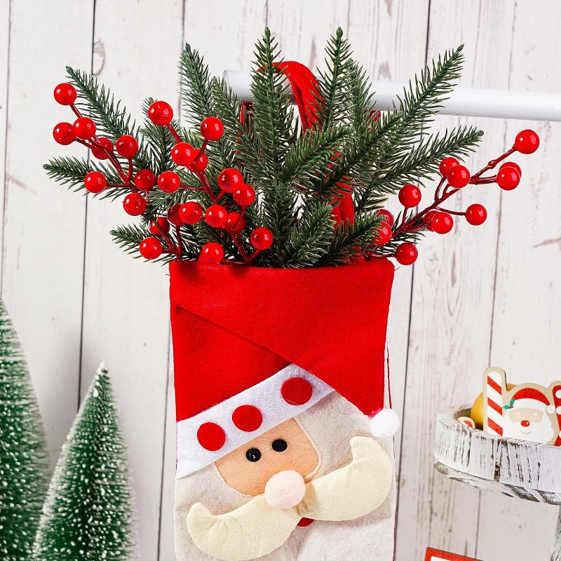 1PC Artificial Pine Leaves Branches with 8PCS Artificial Red Berry Stems Christmas Artificial Pine Branches Green Plants Pine Needles for DIY Christmas Garland Wreath Gift Decoration