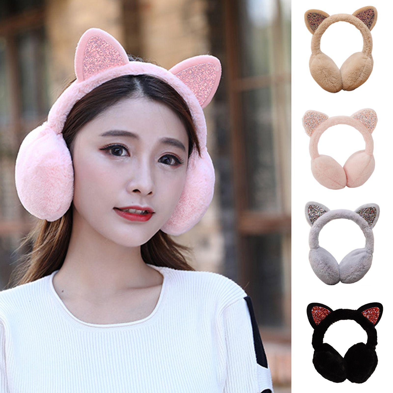 [huahankuang] Ear Muff Sequined Ears Winter Thicken Windproof Ear Warmer for Outdoor