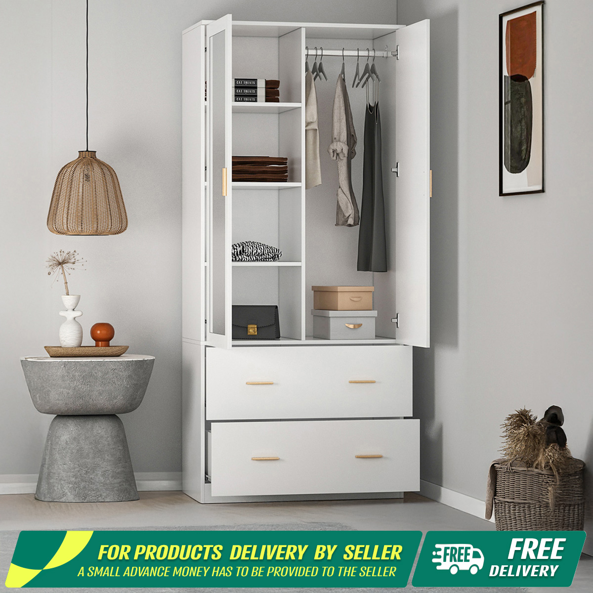 2 Door Almira with 2 Drawer | Cupboard Almirah | 2 Door Engineered Wooden Almirah by Furnisha Decor