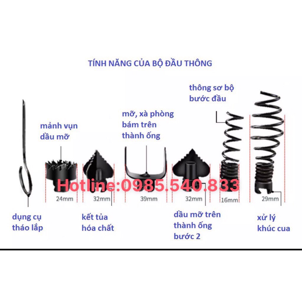 Dây thông cống dùng cho máy khoan ( 9M dây + 6 đầu thông + đầu kết nối máy khoan....)