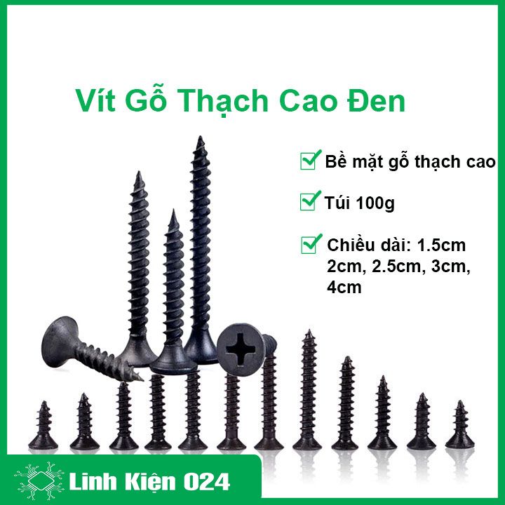 Vít gỗ đen, vít thạch cao màu đen chiều dài 1.5cm/2cm/2.5cm/3cm/4cm