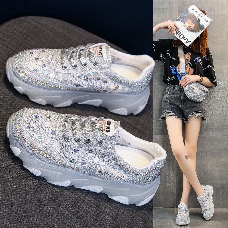 Giày Sneaker Cột Dây Đính Đá Kim Sa Thoáng Khí