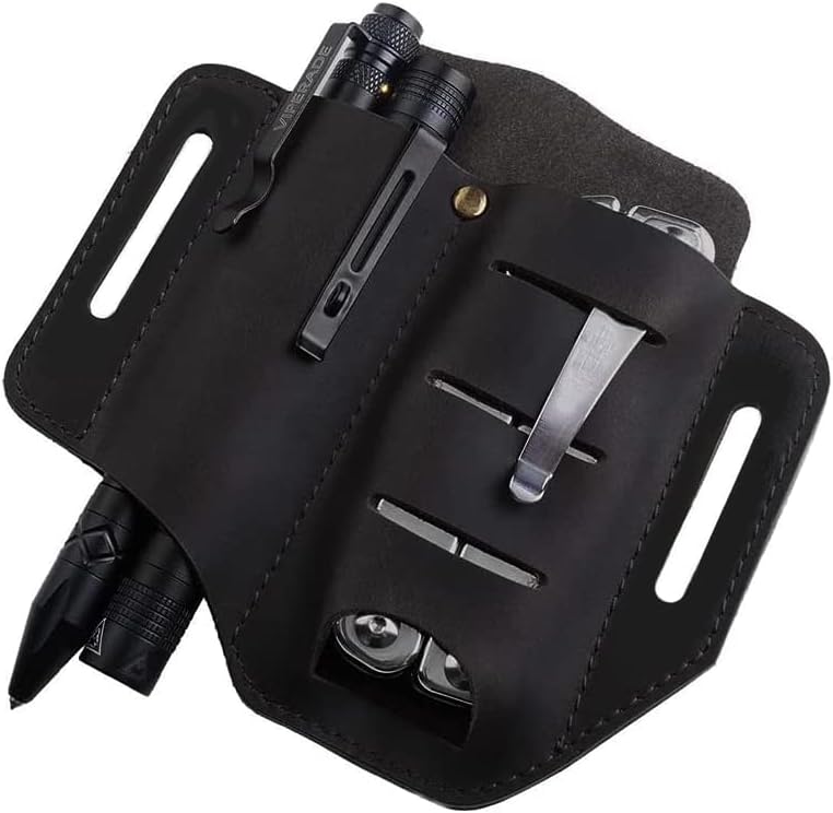 Viperade pj8 edc leather sheath belt for blet, tool/flashlight/tactical pen and edc gears, pocket edc organizer leather sheath, hademade 2 pockets belt leather slip sheath