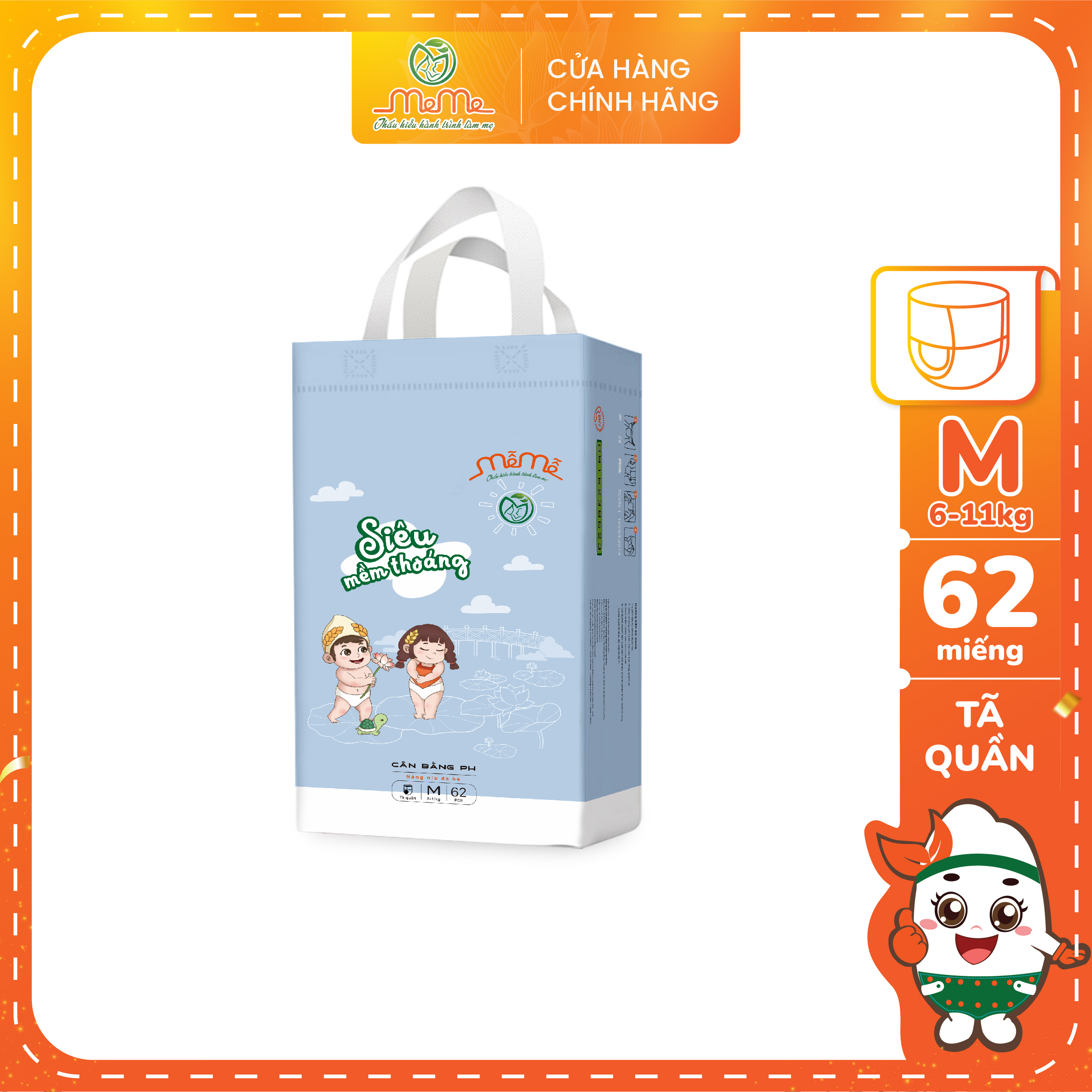 Tã bỉm quần mễ mễ siêu mỏng size m 62 miếng siêu thấm khô thoáng cho bé