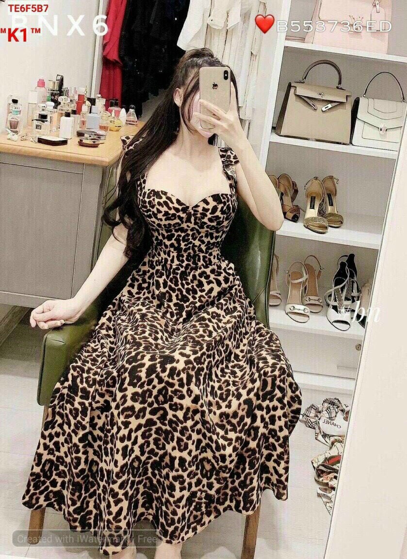 Đầm tiểu thư chất vải voan da beo, váy maxi dáng xòe, đầm nữ hai dây có mút ngực, đầm hai