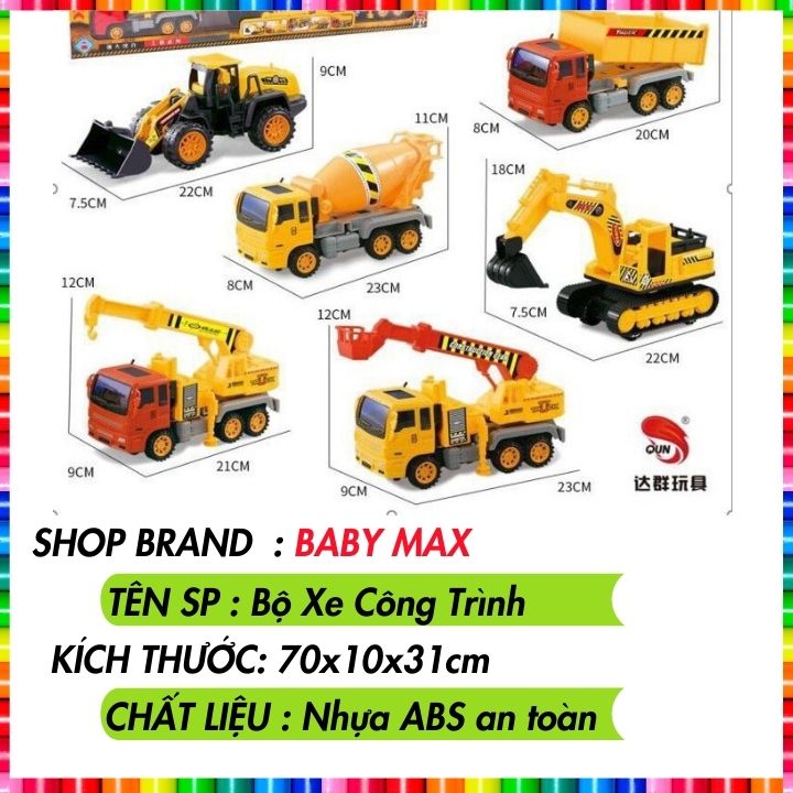 Đồ Chơi ô tô bộ 6 xe tải xe công trình xây dựng cỡ lớn trẻ em máy xúc máy cẩu xe ben mô hình công trình BABY MAX