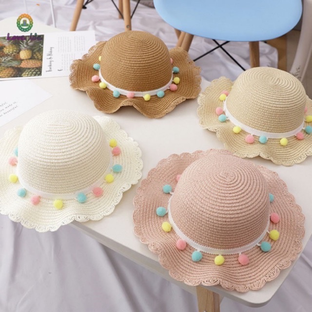 Set mũ kèm túi cói đính hạt len cho bé
