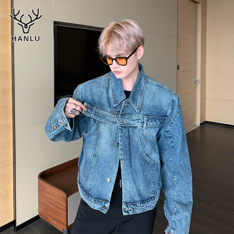 Hanlu Men's fashionable denim jacket lapel jacket handsome motorcycle jacket