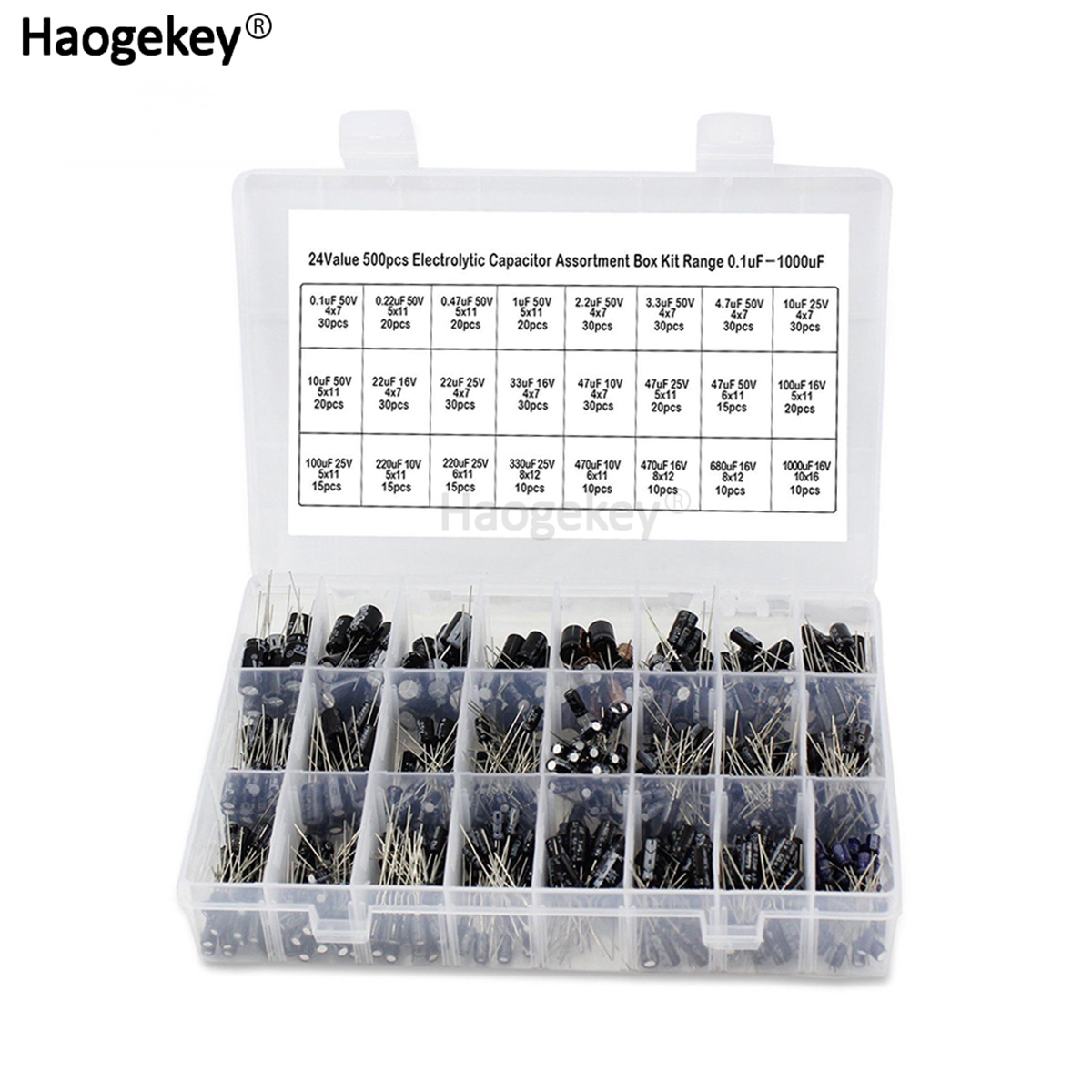 500pcs/box 24 kinds of electrolytic capacitors 0.1uf-1000uf capacitor kits