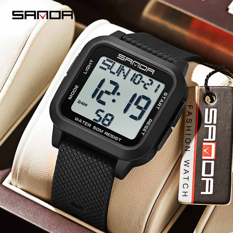 Sanda Square Solid Color Watch Retro Trendy Night Light Waterproof Electronic Men's Watch SD2194-4.