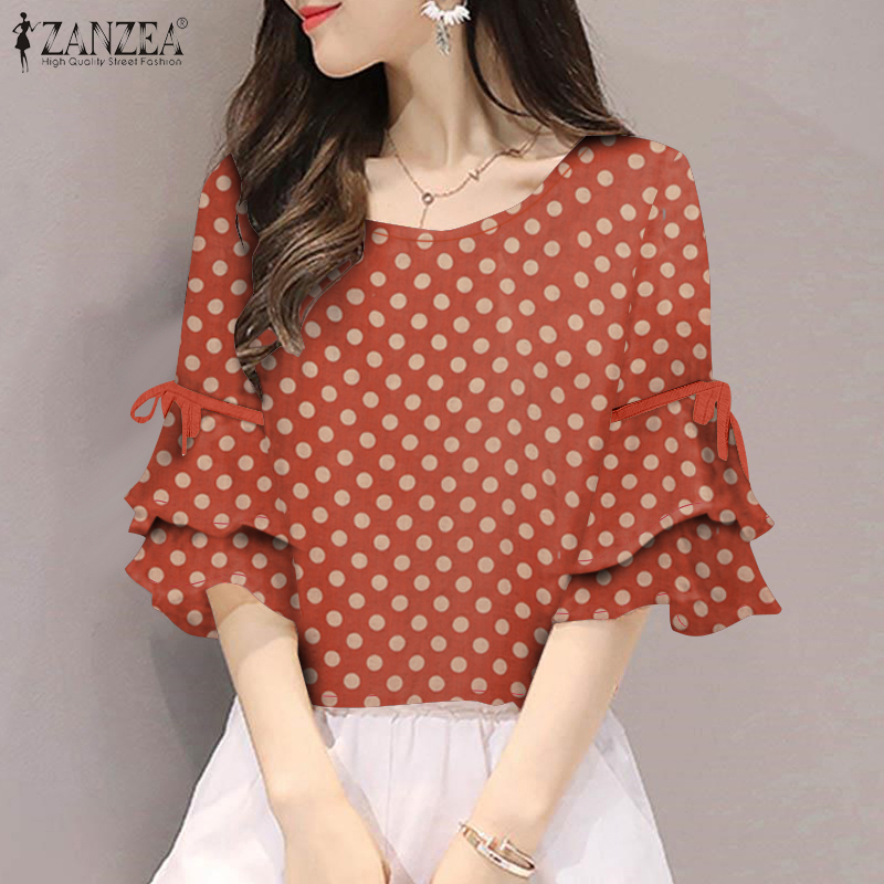 ZANZEA%20Korean%20Style%20Womens%20Elegant%20Ruffled%20Sleeve%20Polka%20Dots%20Blouses%20Ladylike%20Round%20Neck%20Lace%20Up%20Design%20Pullover%20-%20Image%203