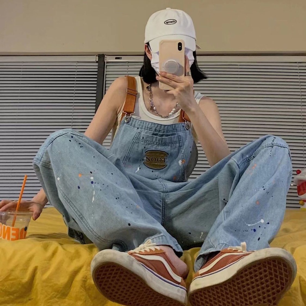 Quần yếm denim dáng rộng phong cách retro mỹ thời trang xuân hè cho nữ