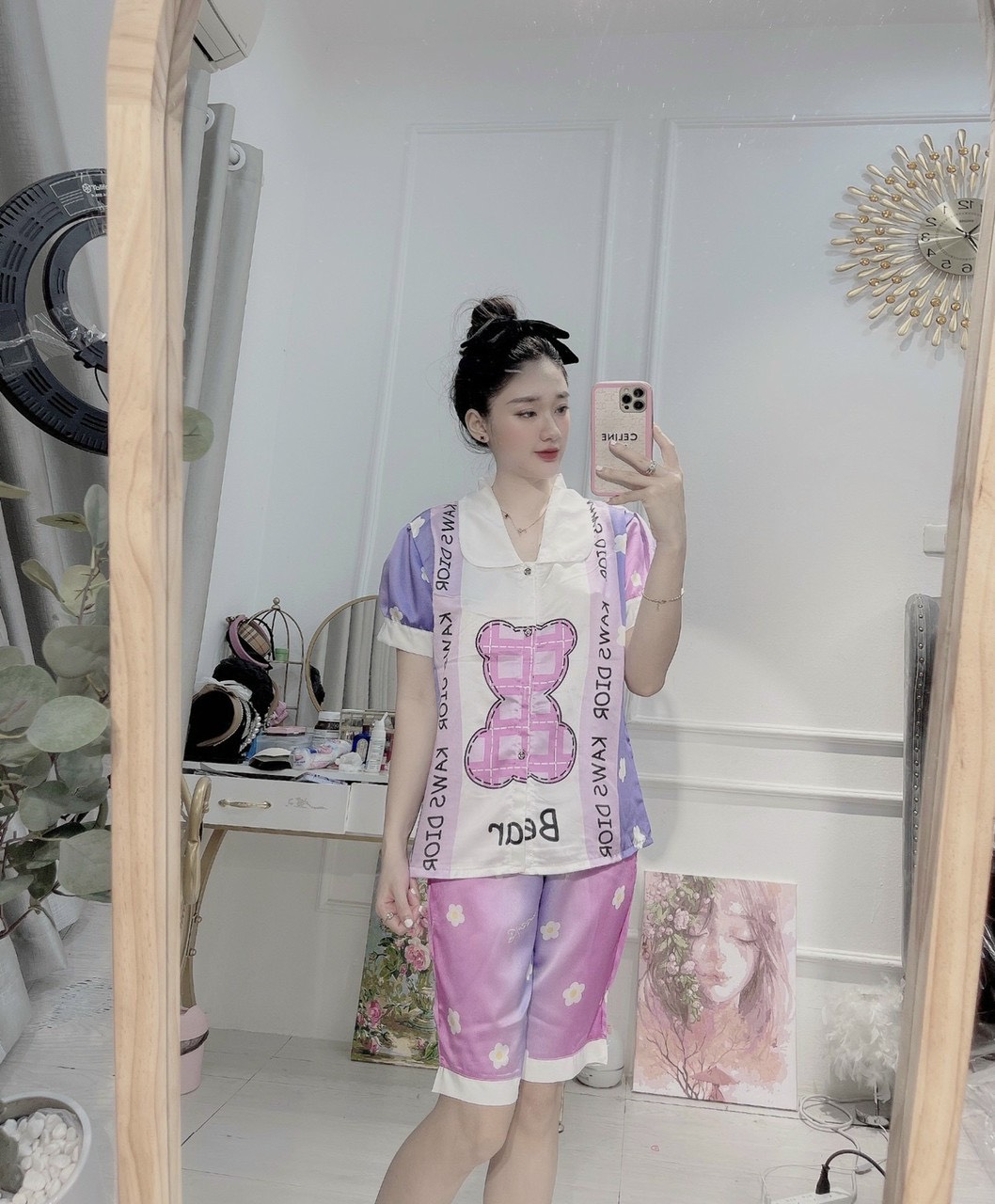 Bộ LỤA SATIN QUẦN LỬNG hoạ tiết cute FREESIZE dưới 65kg (ẢNH THẬT)