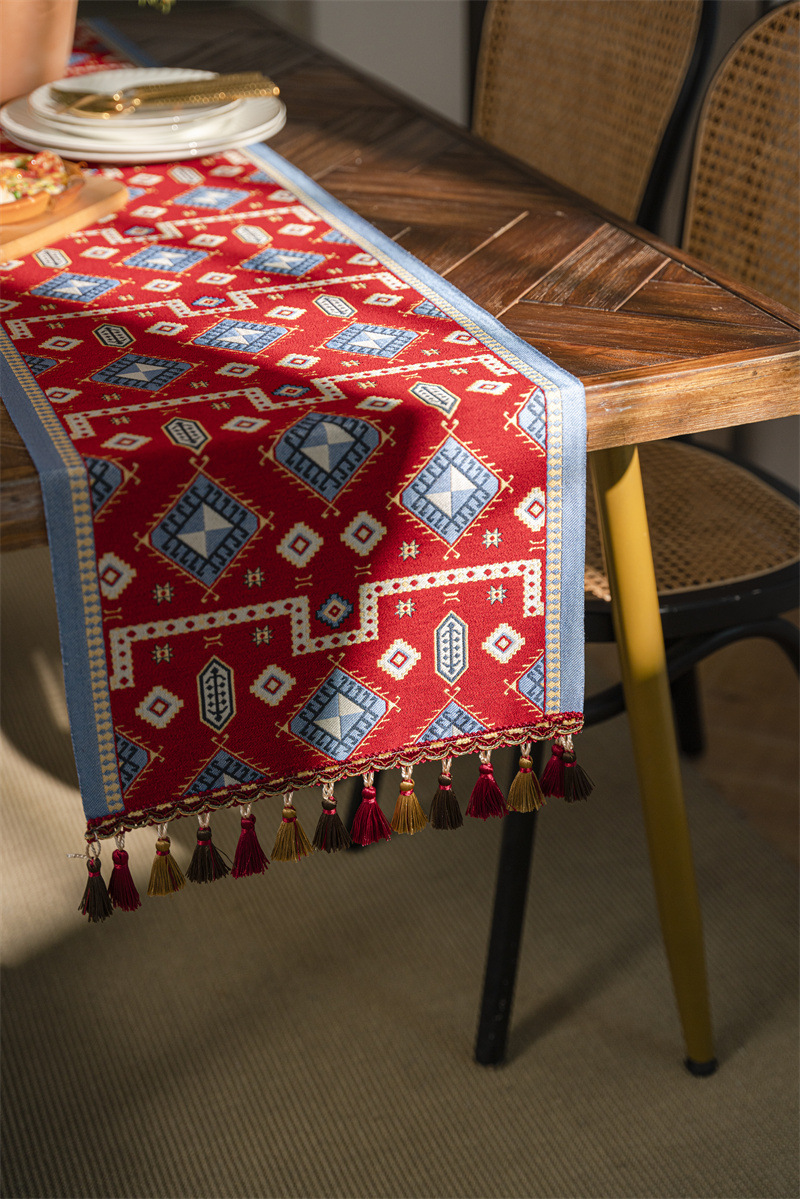 Red Holiday Festive Tassel Table Runner Modern Simple Geometric Flower Table Runner Coffee Table Cloth Sideboard Drawer 35*300cm Piano Cover Towel