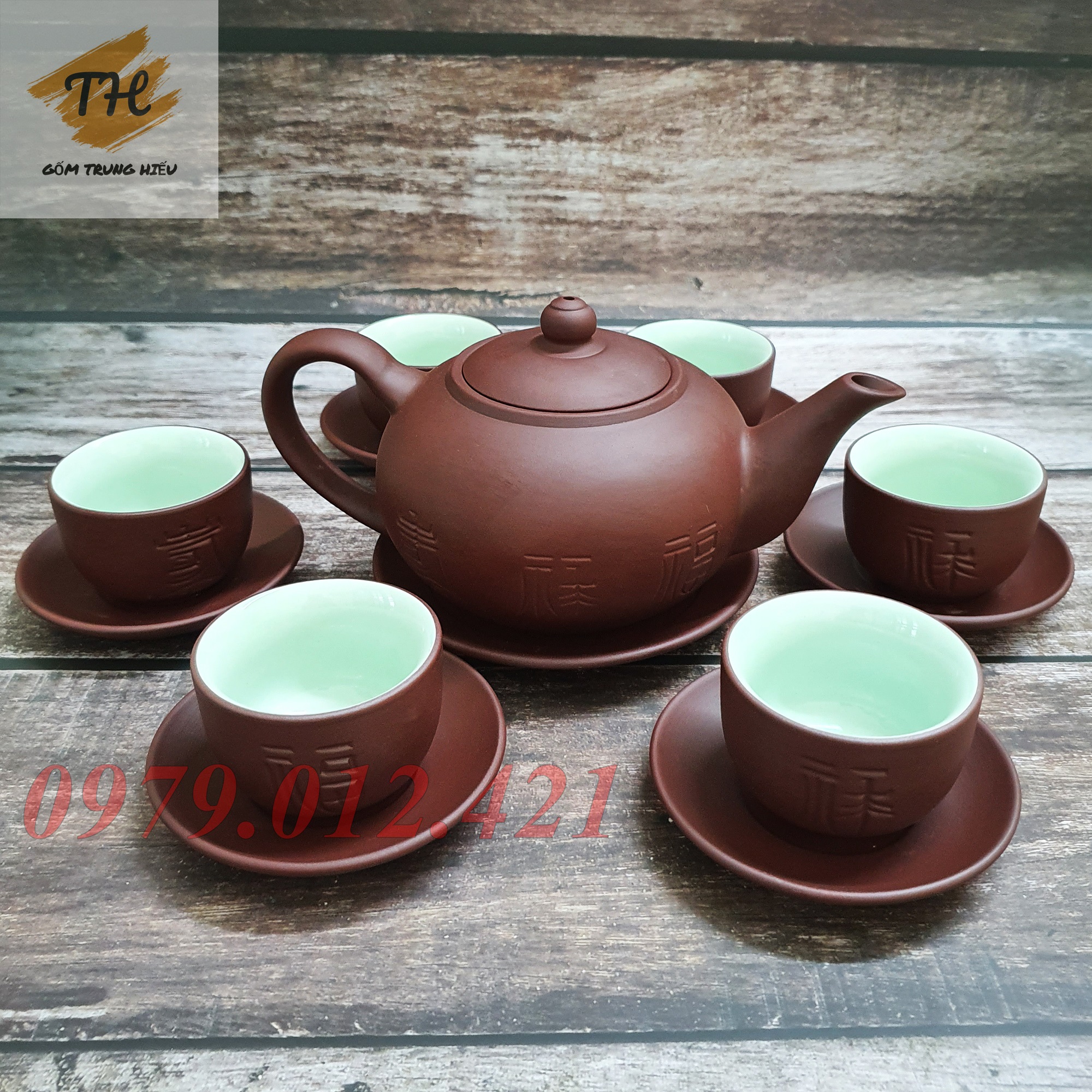 Bộ ấm chén tử sa bát tràng Phúc Lộc Thọ dung tích 400ml