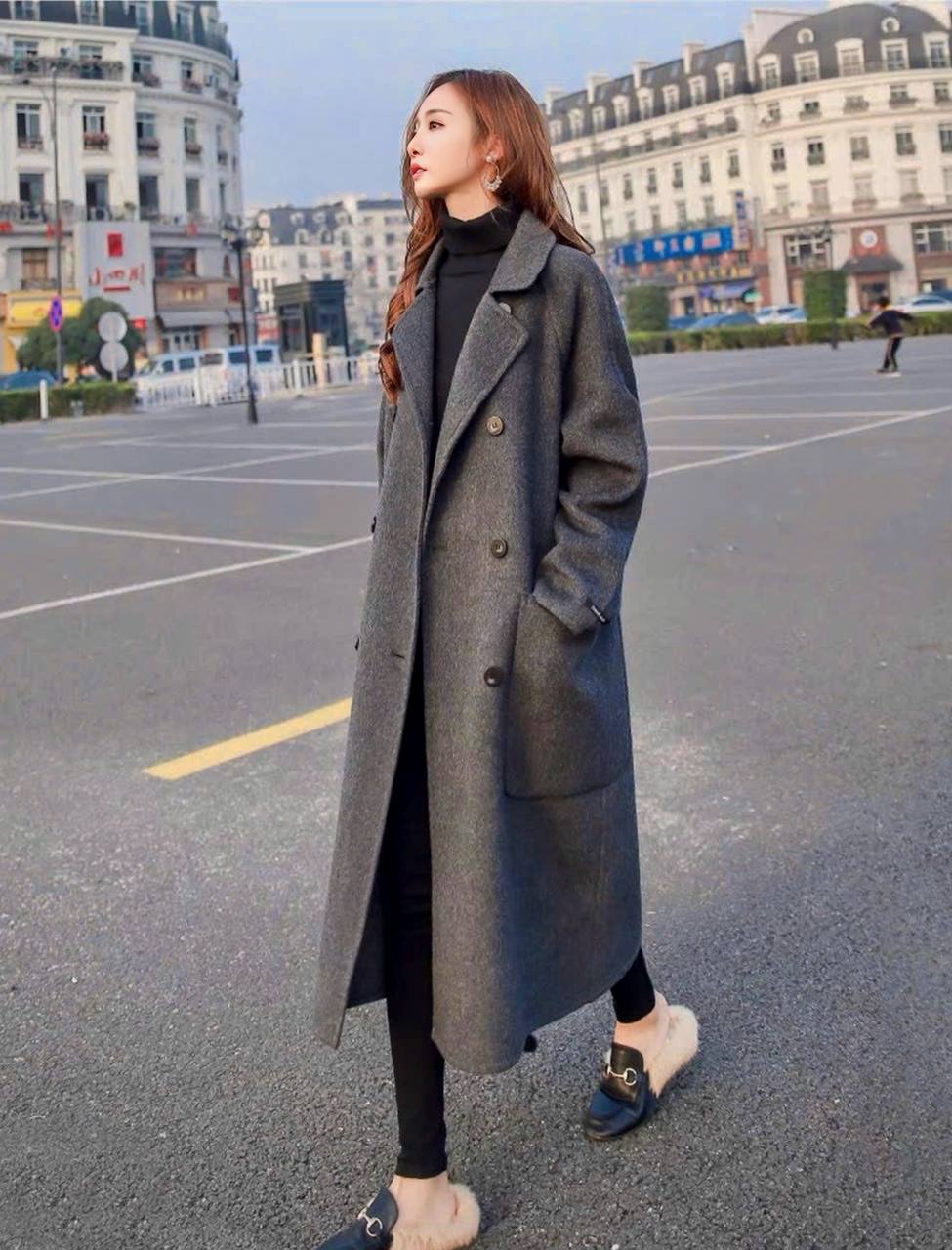 Áo khoác dạ cổ vest phối nút xám dáng dài cao cấp by4688